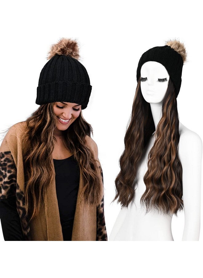 HOOJIH Knitted Beanie Wig Hat Hair Extension Long Wavy Curly Black Hat Wig With Faux Fur Pom Hat Attached 18 Inch Synthetic Hairpiece For Women Girls Winter Black Brown With Highlights - Image 1