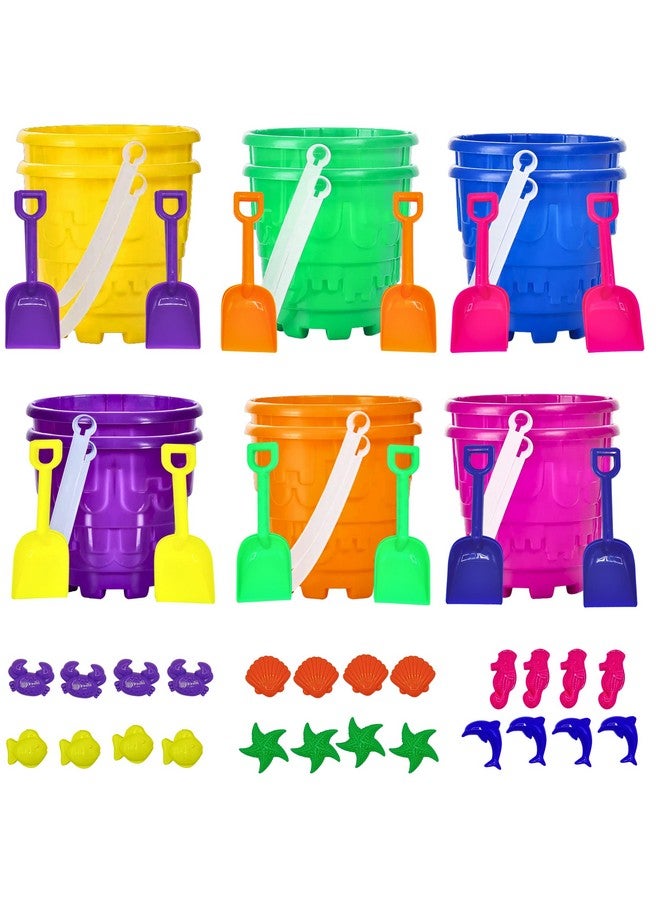 4E's Novelty 12 Sets Beach Toys Includes 12 Sand Buckets 12 Shovels 24 Sand Molds For Kids Small 5.75 Beach Buckets Bulk For Summer Party Favors End Of Year Student Gifts - Image 1