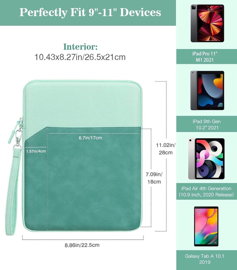 Excefore 9-11 Inch Tablet Sleeve Bag Carrying Case For Ipad Pro 11 2021-2018, Ipad Air 5/4 10.9, Ipad 10.2, Galaxy Tab A8 10.5/Tab S8 11", Surface Go 2/1, Protective Bag With Pocket, Green - Image 2