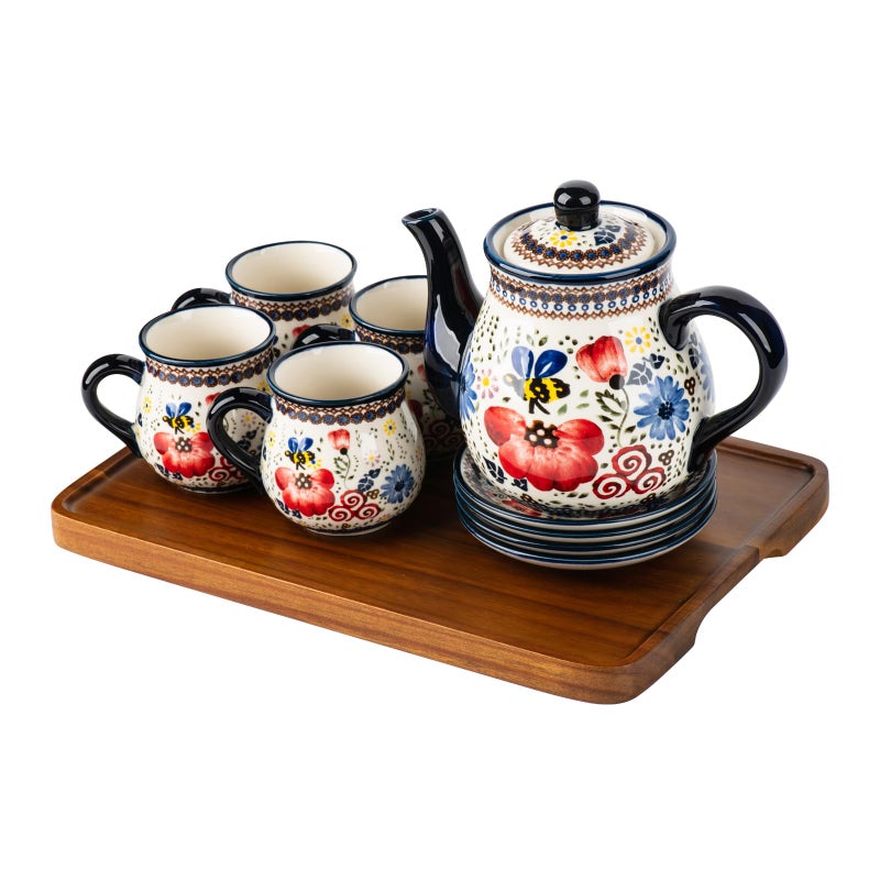 ONECCI polish pottery style porcelain ceramic 10 piece Tea set,7.2oz tea cup and sauce set of 4,28.2oz teapot and 1wooden tray. (The tulip) - Image 1