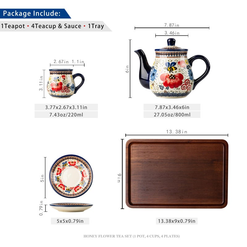 ONECCI polish pottery style porcelain ceramic 10 piece Tea set,7.2oz tea cup and sauce set of 4,28.2oz teapot and 1wooden tray. (The tulip) - Image 2