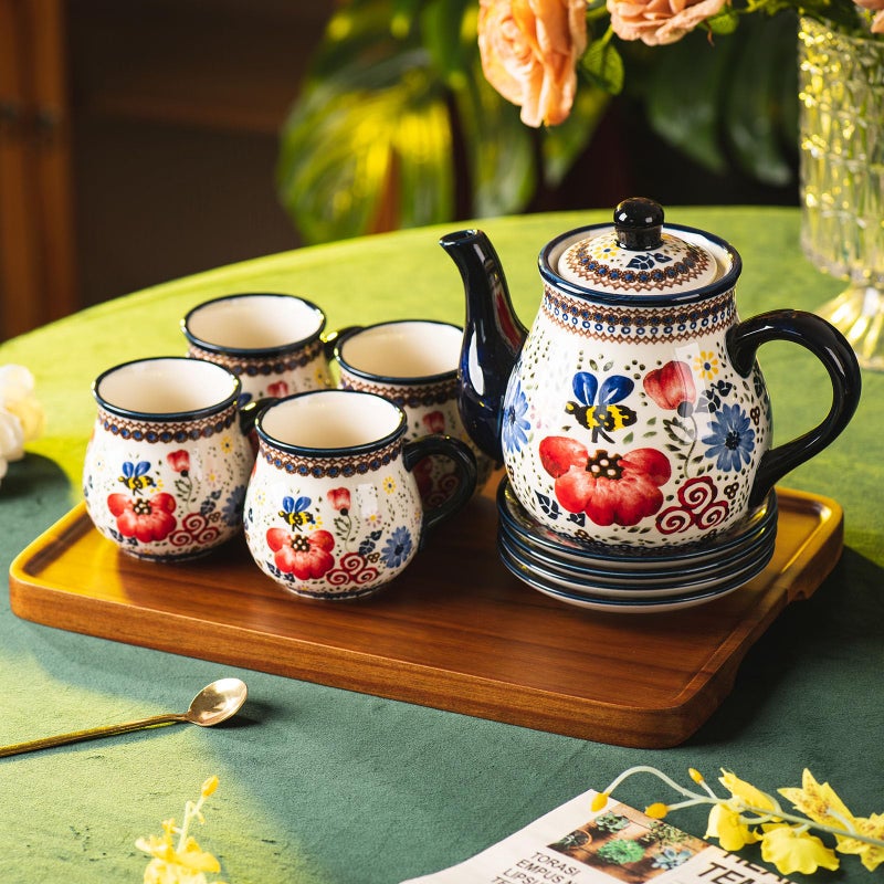 ONECCI polish pottery style porcelain ceramic 10 piece Tea set,7.2oz tea cup and sauce set of 4,28.2oz teapot and 1wooden tray. (The tulip) - Image 5
