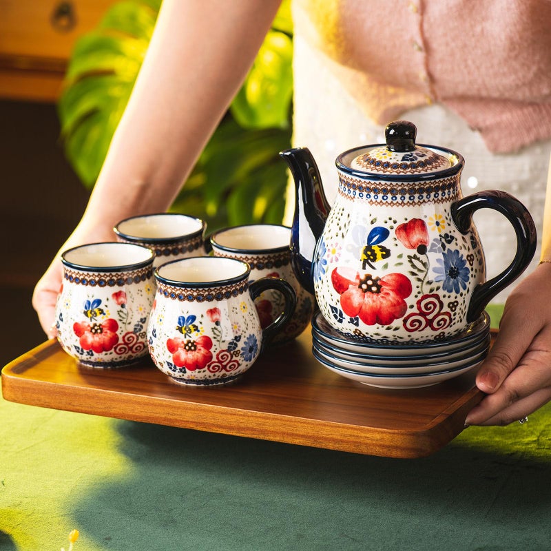 ONECCI polish pottery style porcelain ceramic 10 piece Tea set,7.2oz tea cup and sauce set of 4,28.2oz teapot and 1wooden tray. (The tulip) - Image 3