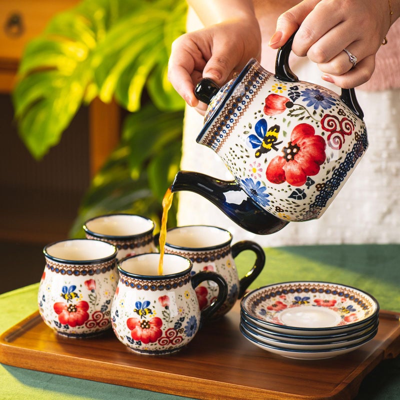 ONECCI polish pottery style porcelain ceramic 10 piece Tea set,7.2oz tea cup and sauce set of 4,28.2oz teapot and 1wooden tray. (The tulip) - Image 4