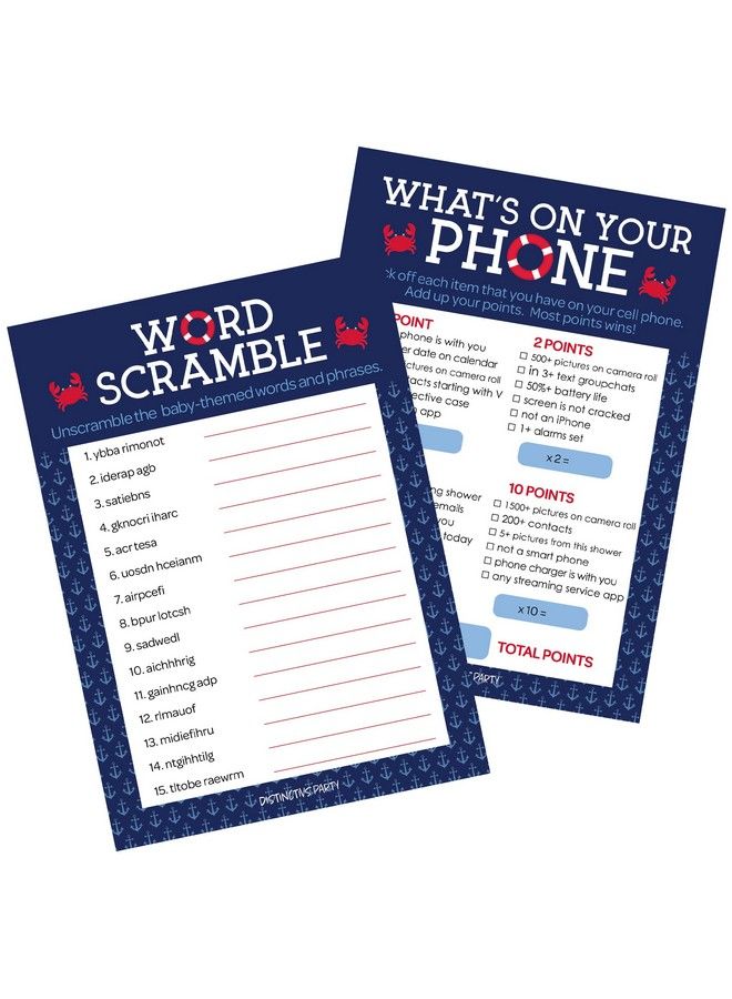 DISTINCTIVS Ahoy It'S A Boy Nautical Baby Shower What'S On Your Phone And Word Scramble (2 Game Bundle) 20 Dual Sided Cards - Image 1