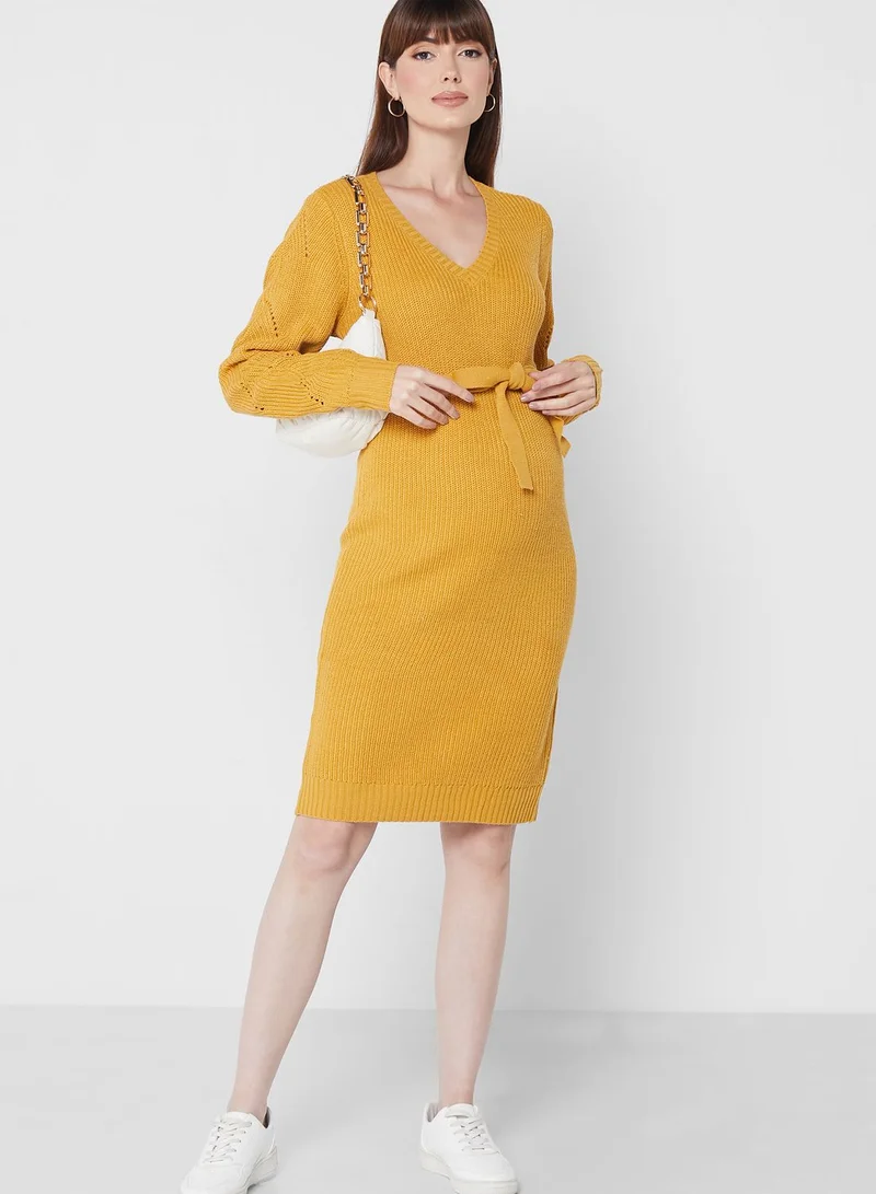 Mamalicious V-Neck Ribbed Belted Dress