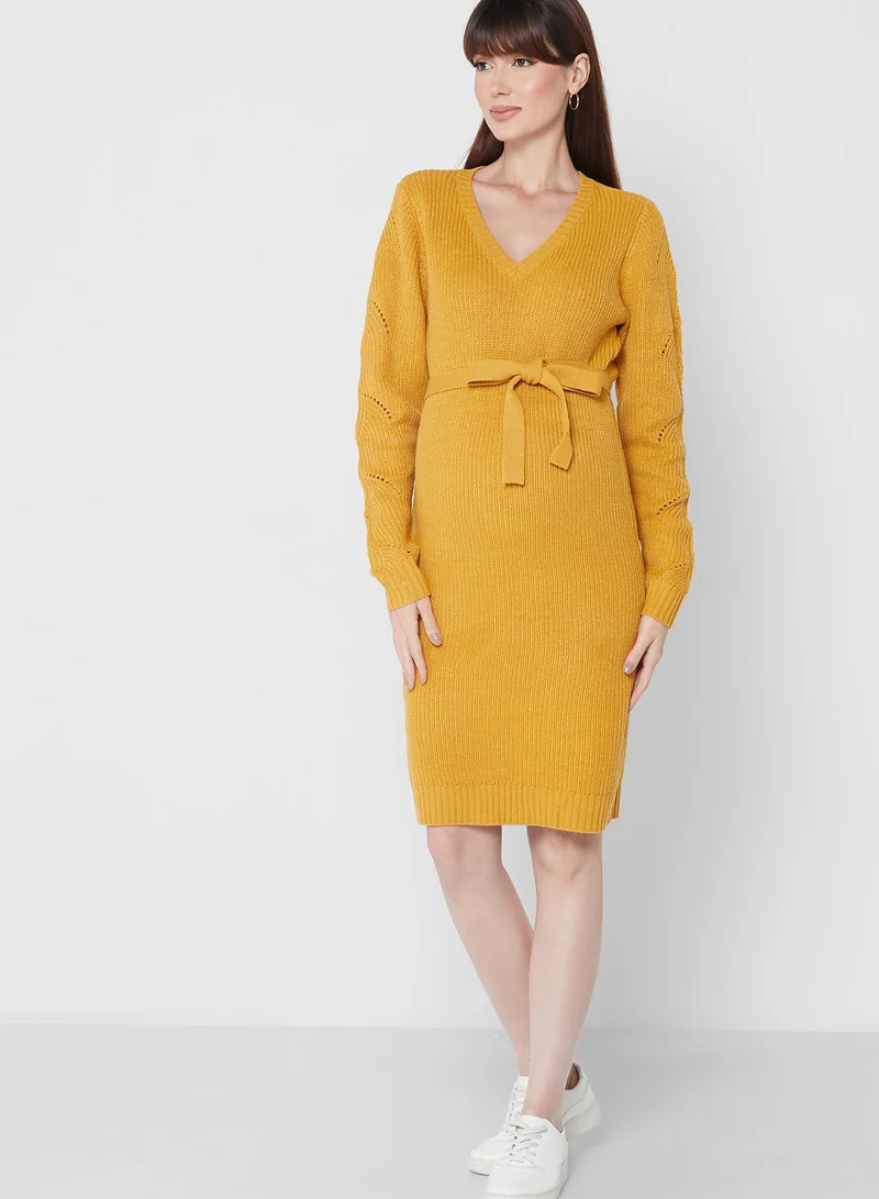 Mamalicious V-Neck Ribbed Belted Dress