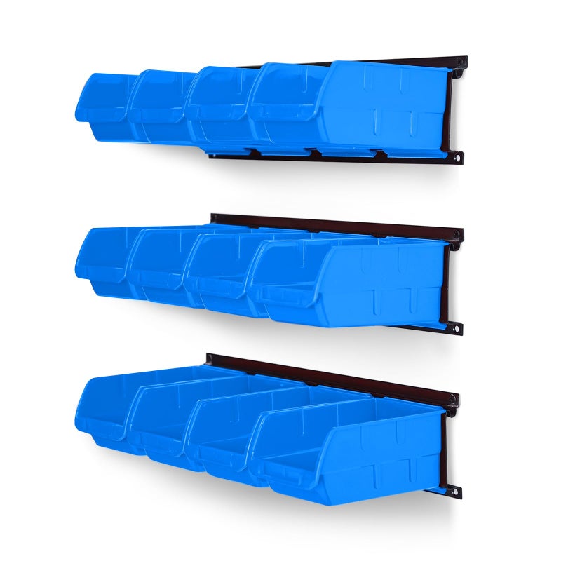 Ultrawall Wall Mounted Storage Bins, Plastic Hanging Storage Organizer Bins, Garage Tool Storage System for Screws, Nuts, Bolts, Nails, and Small Hardware Parts, 12x bins & 3 x rails, Blue - Image 1