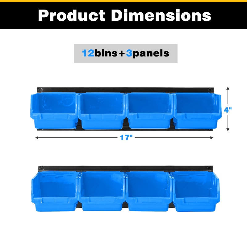 Ultrawall Wall Mounted Storage Bins, Plastic Hanging Storage Organizer Bins, Garage Tool Storage System for Screws, Nuts, Bolts, Nails, and Small Hardware Parts, 12x bins & 3 x rails, Blue - Image 2