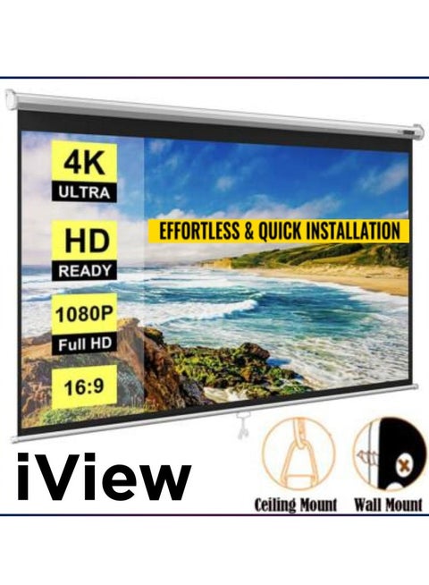 iView 180×180 cm (96″) Manual Wall/Ceiling Projector Screen – 1:1 Aspect Ratio, MaxWhite Matte Surface, Auto-Lock Pull-Down, Dual Wall/Ceiling Mount, Black Masking Borders