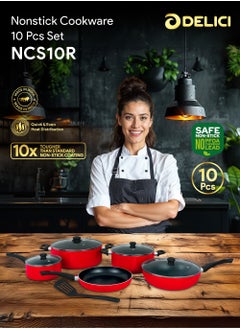 DELICI Nonstick Cookware 10 Piece Set with Tempered Glass Lids, Heat Resistant Handles, 10X Tougher Nonstick Coating, Quick & Even Heat Distribution, Includes Saucepan, Wokpan, Frypan & Milkpan  - Image 2