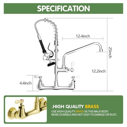 tolsuny Commercial Sink Faucet,TOLSUNY Commercial Kitchen Faucet Wall Mount with Pre Rinse Sprayer,Wall Mounted Kitchen Sink Faucet for Industrial and Restaurant Sinks. (Classic, 25) - Image 3
