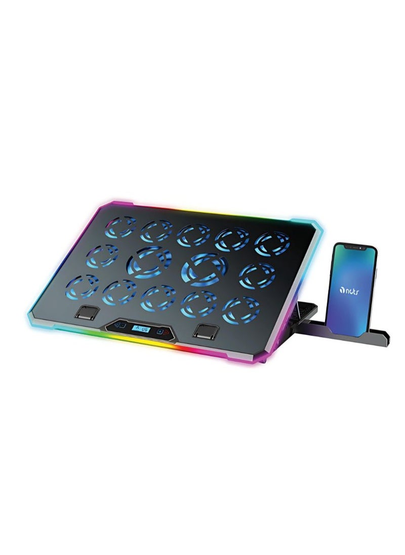 إن سي تي إس - NCTS-C1419 14 fans Notebook Cooling Pad, 14 silent strong cooling fans with up to 2500 RPM, 10 modes of RGB lighting, 2 extra USB ports, adjustable height, suitable for 17 inch laptops and below, 1 year NCTS Warranty - Image 1