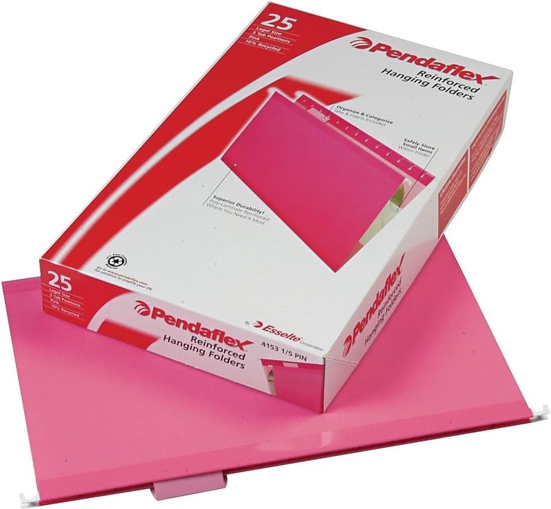 Pendaflex 04153 1/5 PIN Reinforced Hanging Folders, Legal Size, Pink, 1/5 Cut, 25/BX (4153 1/5 PIN) - Image 1