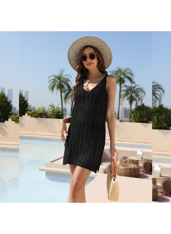 إسكدنيا فستان شاطئ للعطلات على شاطئ البحر 2023 للنساء منسوج بلون سادة مجوف بي ملابس سباحة واقية من الشمس - اللون: أزرق - - Image 2