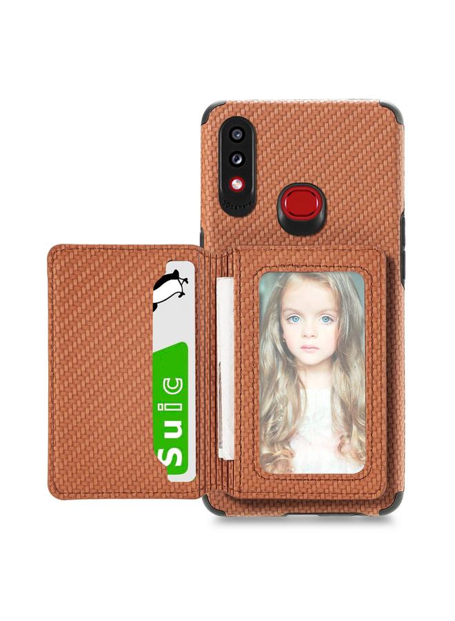 The Bros Case For Samsung Galaxy A10S Carbon Fiber Magnetic Card Bag TPU+PU Shockproof Back Cover Case with Holder & Card Slot & Photo Frame 
