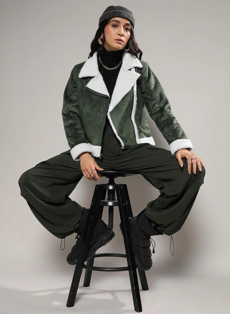 Campus Sutra Women's Seaweed Green Fleece Lined Biker Jacket