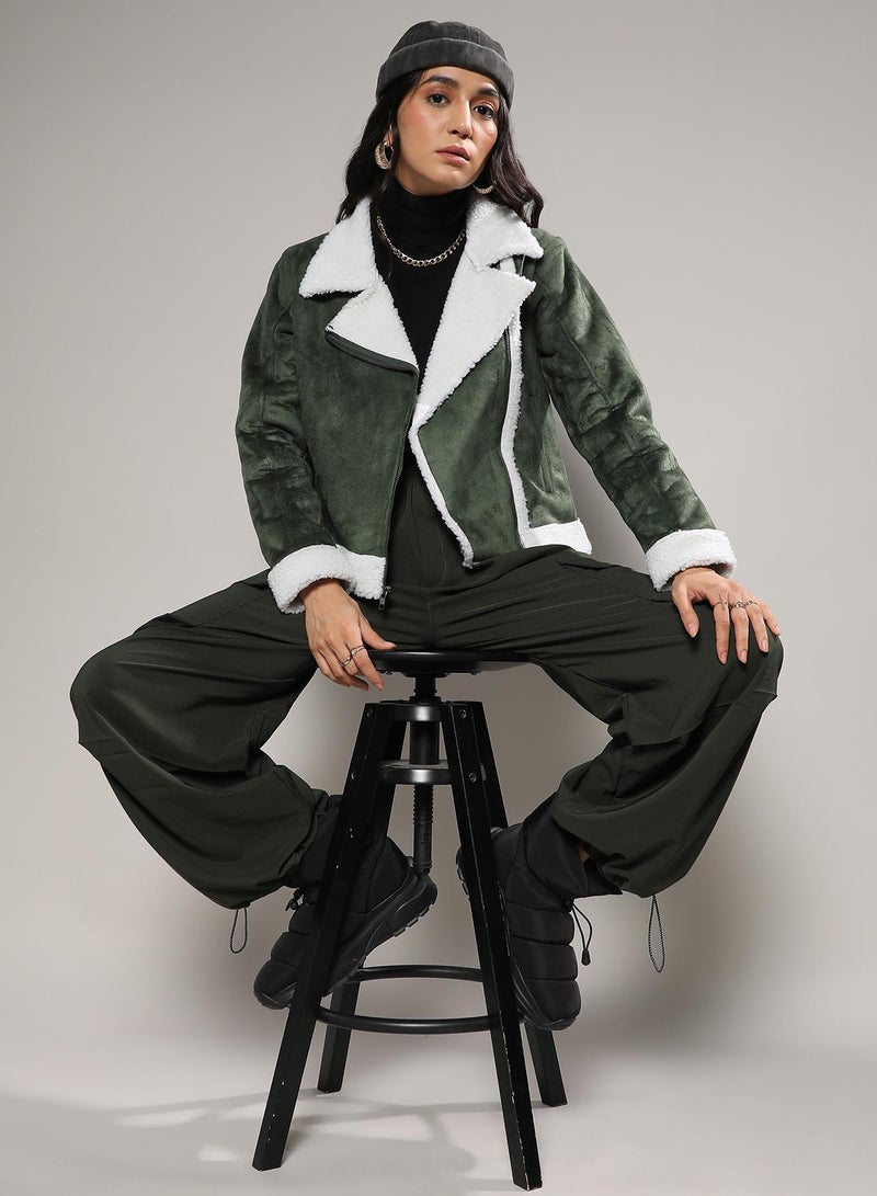 Campus Sutra Women's Seaweed Green Fleece Lined Biker Jacket  - Image 4