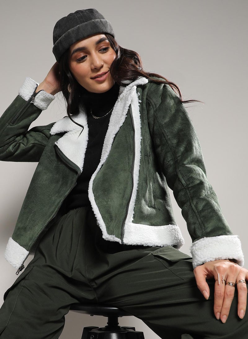 Campus Sutra Women's Seaweed Green Fleece Lined Biker Jacket  - Image 1