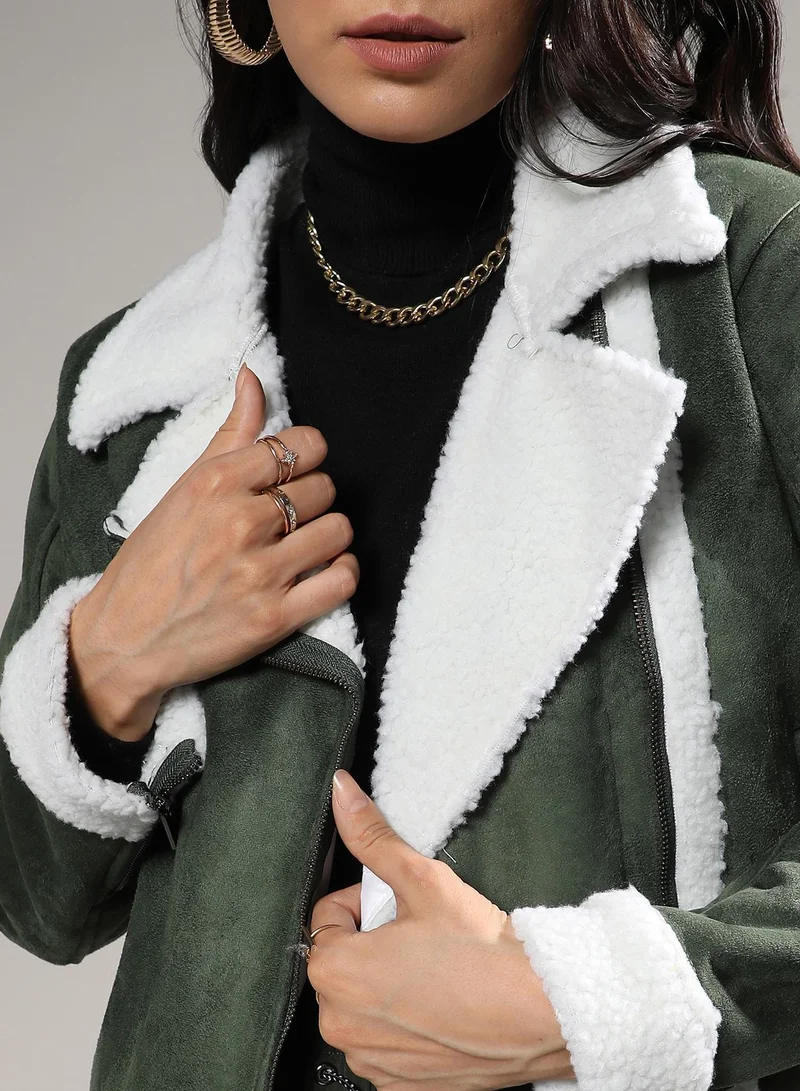 Campus Sutra Women's Seaweed Green Fleece Lined Biker Jacket
