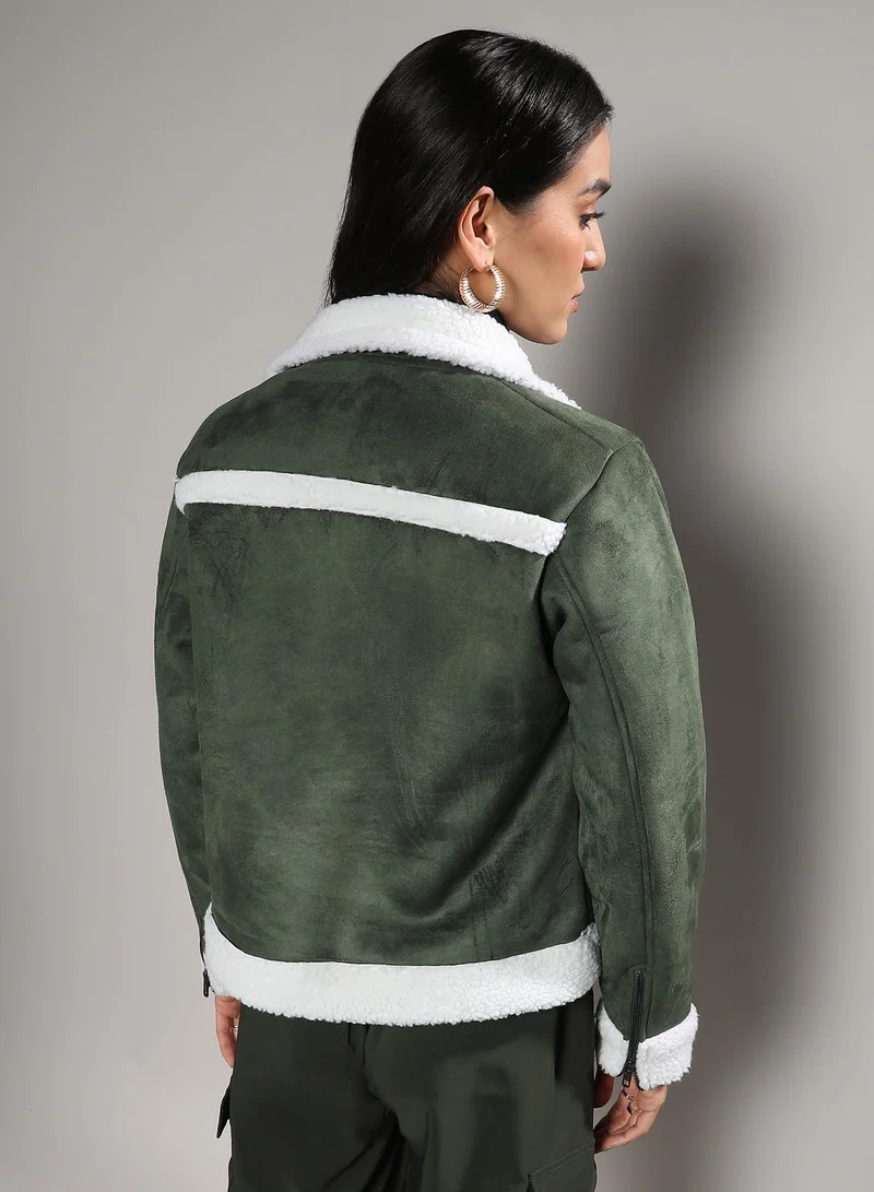 Campus Sutra Women's Seaweed Green Fleece Lined Biker Jacket