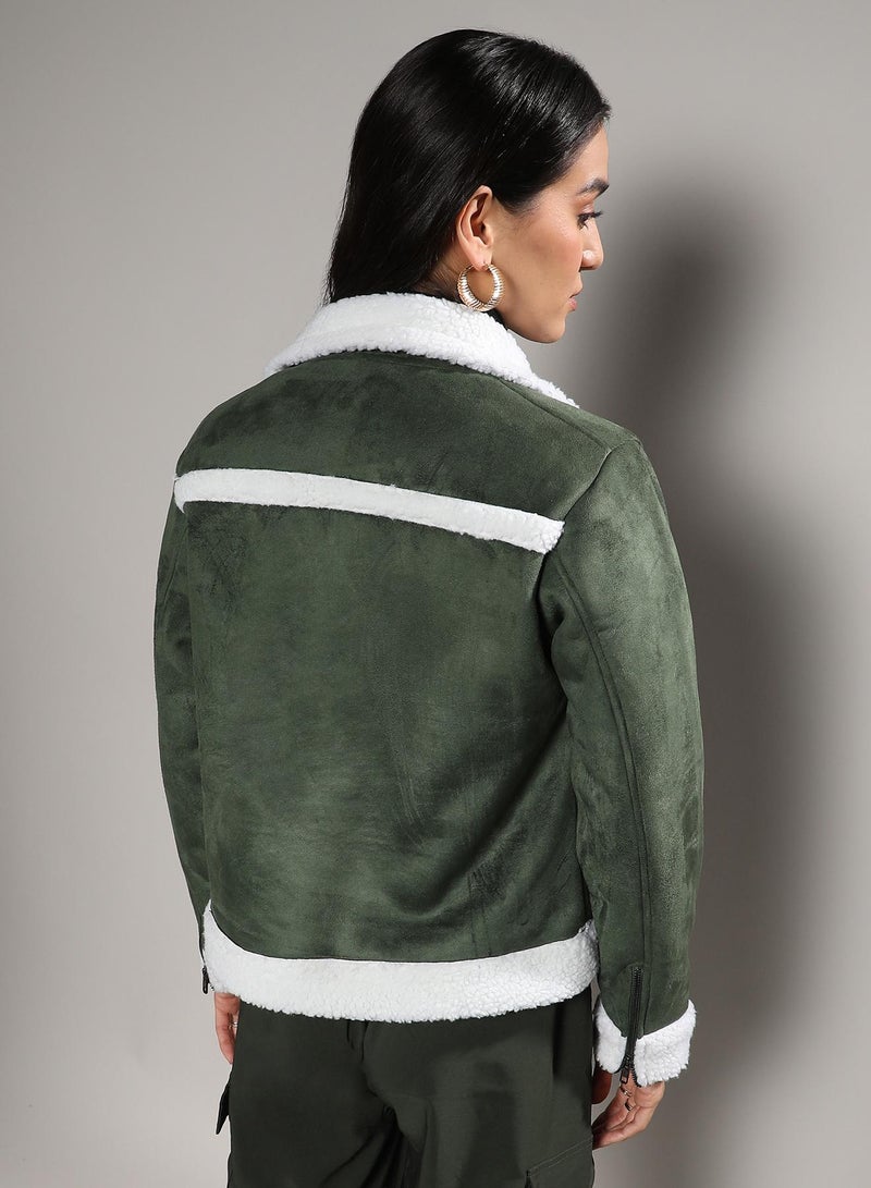 Campus Sutra Women's Seaweed Green Fleece Lined Biker Jacket  - Image 3