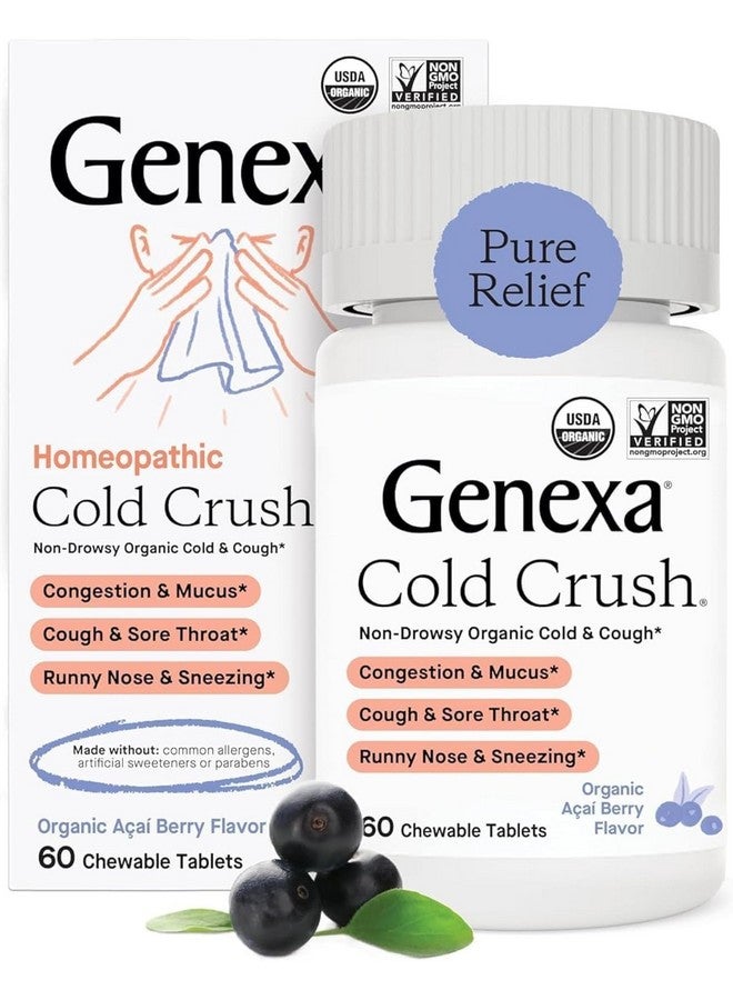 Genexa Cold Crush | Multi-Symptom Cough & Cold Relief for Adults | Delicious Organic Acai Berry Flavor | Certified Organic & Non-GMO | Homeopathic Remedy Made Clean | 60 Chewable Tablets - Image 1
