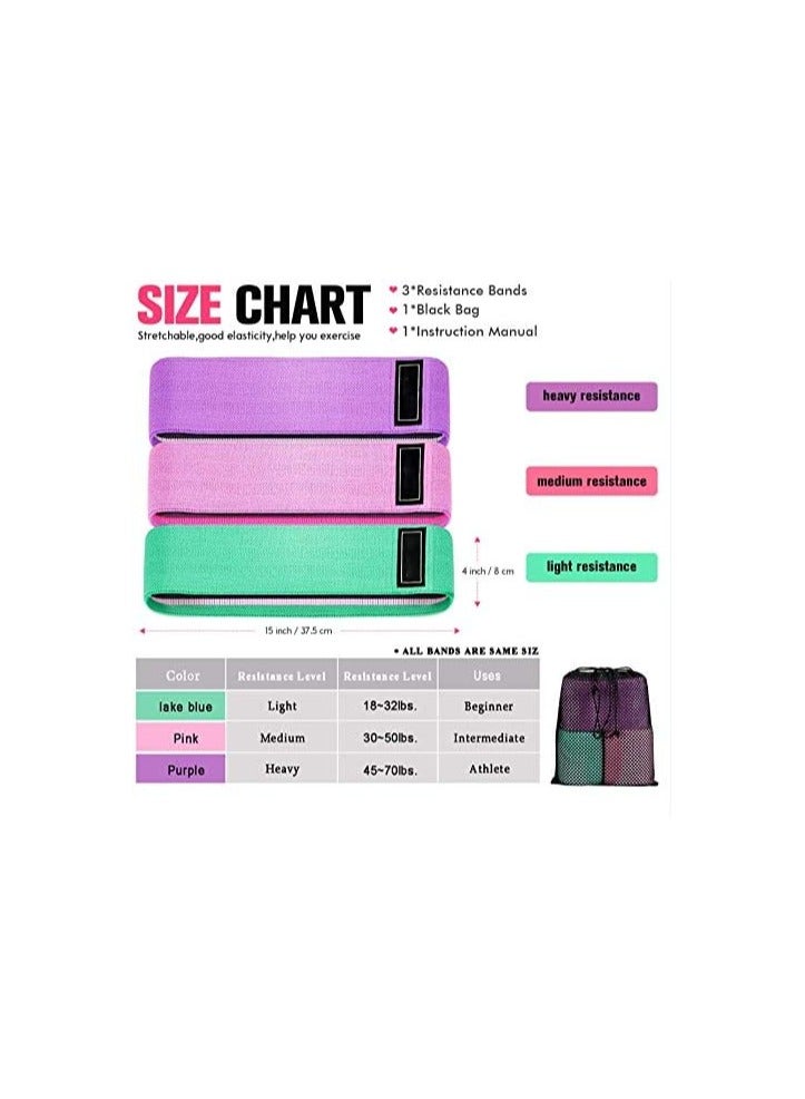 أشرطة مقاومة من القماش غير قابلة للانزلاق للنساء والرجال - أشرطة سميكة لتمارين اللياقة البدنية للأرداف والساقين والأرداف والأرداف والفخذين - أشرطة مرنة لتمارين اليوجا والبيلاتس للصالة الرياضية المنزلية (عبوة من 3 قطع) - Image 2