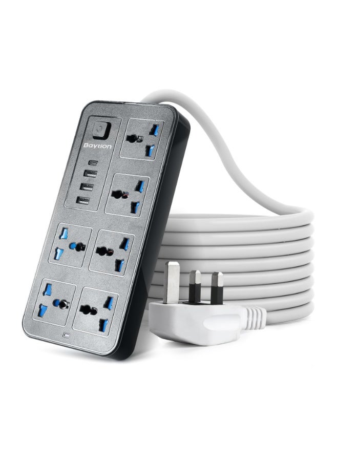وصلة كهربائية عالمية بـ 6 منافذ تيار متردد، 3 منافذ USB، ومنفذ Type-C، كابل 1.88 متر - أسود - Image 1