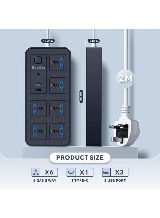 وصلة كهربائية عالمية بـ 6 منافذ تيار متردد، 3 منافذ USB، ومنفذ Type-C، كابل 1.88 متر - أسود - Image 2