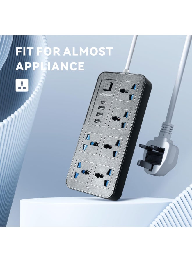 وصلة كهربائية عالمية بـ 6 منافذ تيار متردد، 3 منافذ USB، ومنفذ Type-C، كابل 1.88 متر - أسود - Image 3