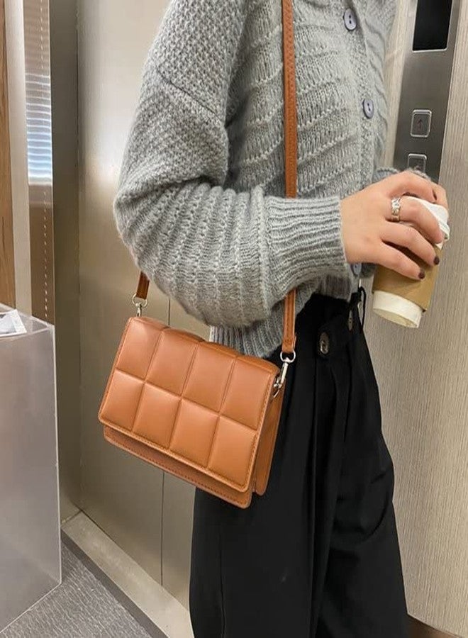 WEIRVI Leather Super Soft Square Checker Pattern Crossbody Shoulder Fashion Bag For Women's With Shoulder Strap (Brown) - Image 2