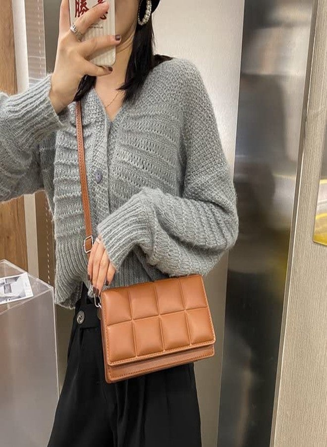 WEIRVI Leather Super Soft Square Checker Pattern Crossbody Shoulder Fashion Bag For Women's With Shoulder Strap (Brown) - Image 4