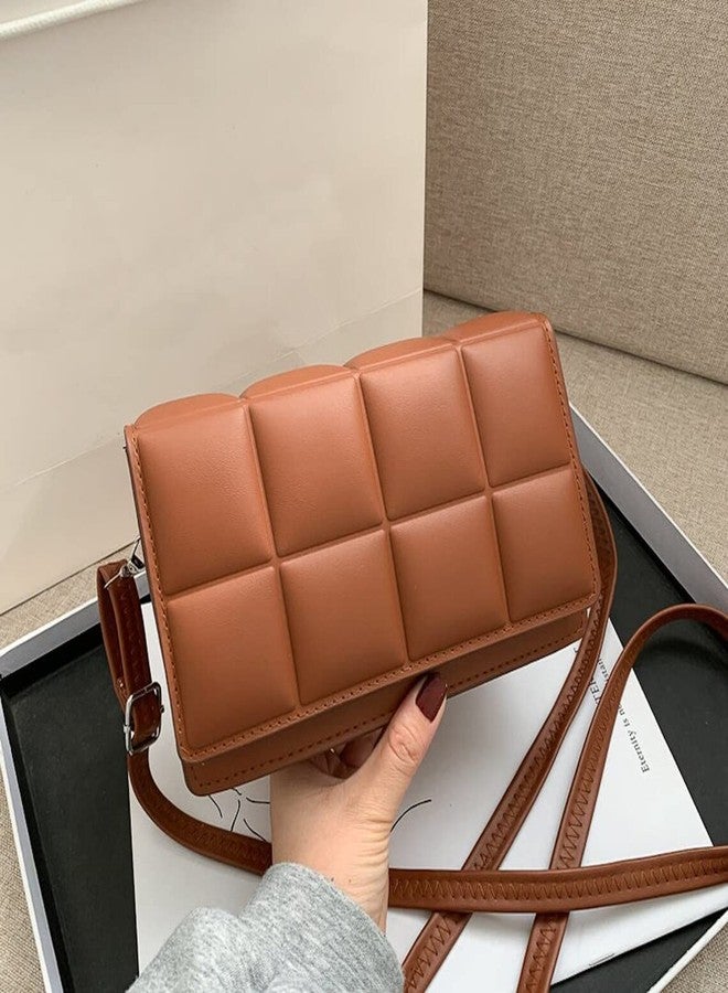 WEIRVI Leather Super Soft Square Checker Pattern Crossbody Shoulder Fashion Bag For Women's With Shoulder Strap (Brown) - Image 5