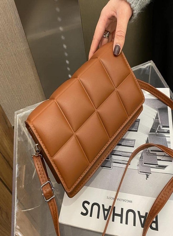 WEIRVI Leather Super Soft Square Checker Pattern Crossbody Shoulder Fashion Bag For Women's With Shoulder Strap (Brown) - Image 3