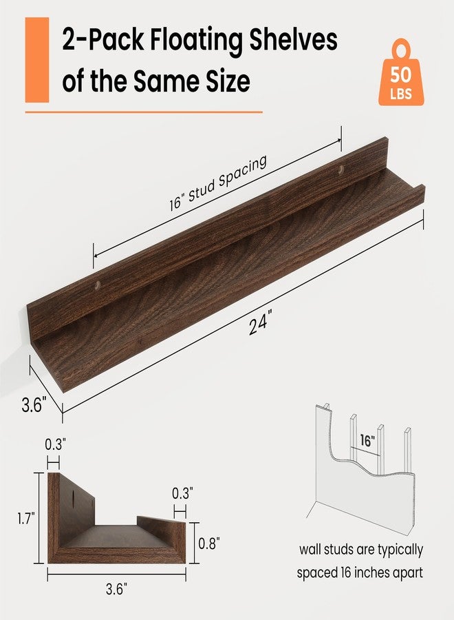 RICHFOCUS Picture Ledge Shelf, 24 inch Floating Shelves Set of 2, Wood Wall Shelves with Lip, Wall Decor Storage for Bedroom Living Room Bathroom Kitchen Nursery Photo Picture, Walnut - Image 3