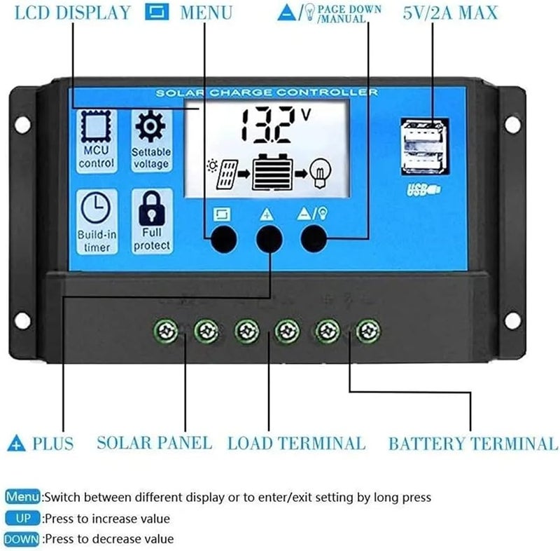 30A PWM Solar Charge Controller 12V 24V Adjustable LCD Display Dual USB Port Timer - Image 3