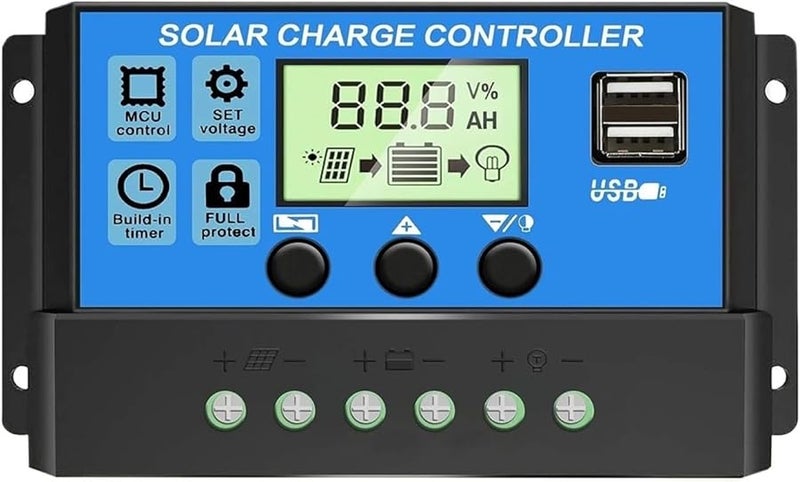 30A PWM Solar Charge Controller 12V 24V Adjustable LCD Display Dual USB Port Timer - Image 1