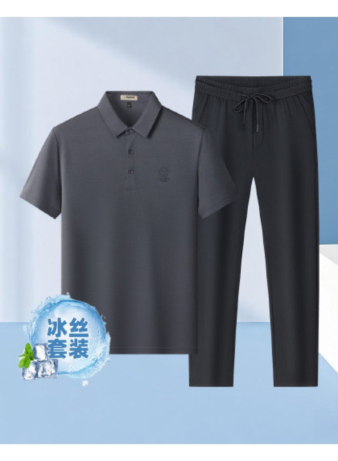 Tucano 2-piece Set】summer Short Sleeve Polo Shirt + Ice Silk Casual Pants Loose Fit Dad Outfit Men's Suit - Image 1