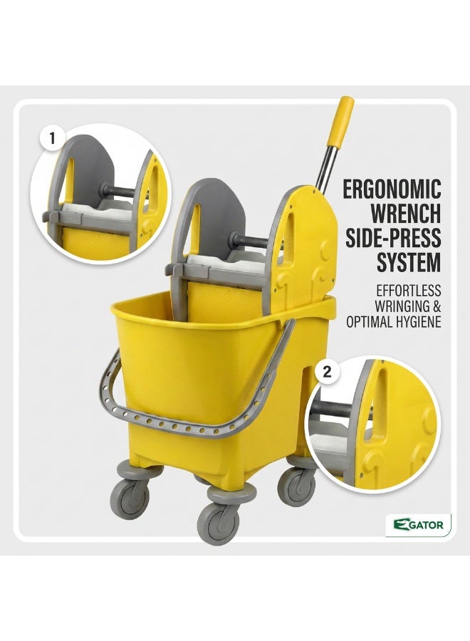 Gator Single Mop Bucket Trolley | Down-Press Wringer | 4-Wheel Mobility | Caution Wet Floor Label | Heavy-Duty Commercial Cleaning Cart for Hotel, Hospital & Office | 22L | Yellow - Image 4