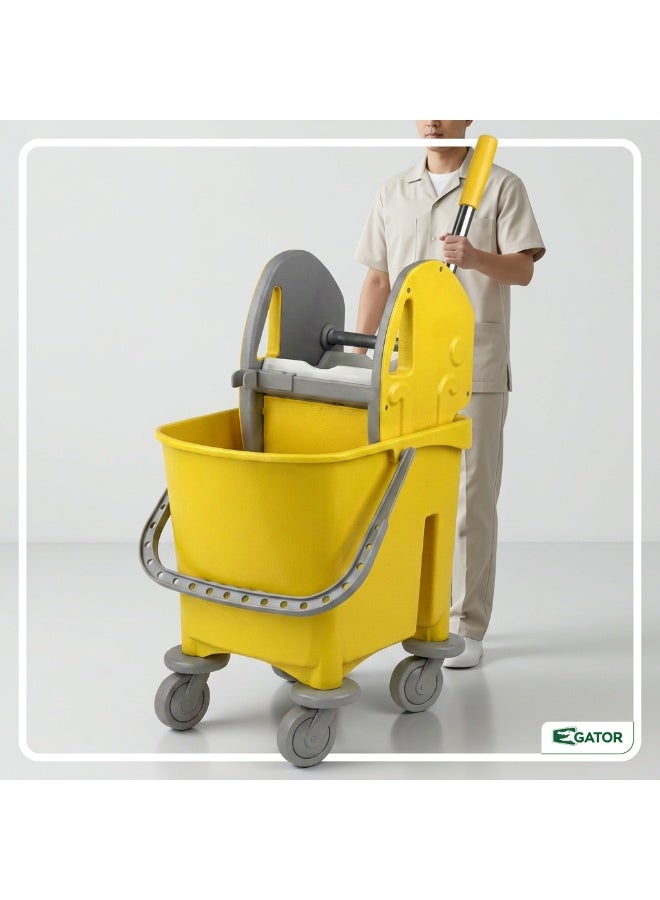 Gator Single Mop Bucket Trolley | Down-Press Wringer | 4-Wheel Mobility | Caution Wet Floor Label | Heavy-Duty Commercial Cleaning Cart for Hotel, Hospital & Office | 22L | Yellow - Image 5