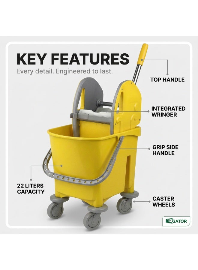 Gator Single Mop Bucket Trolley | Down-Press Wringer | 4-Wheel Mobility | Caution Wet Floor Label | Heavy-Duty Commercial Cleaning Cart for Hotel, Hospital & Office | 22L | Yellow - Image 2
