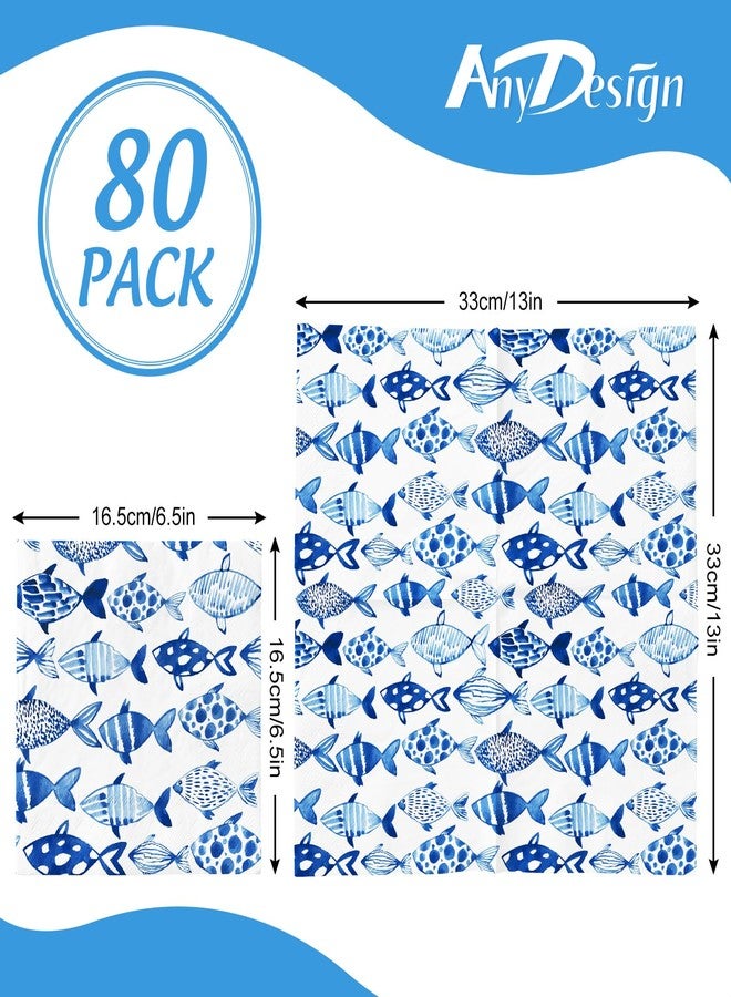 AnyDesign 80Pcs Fish Paper Napkins Watercolor Sea Ocean Luncheon Napkins Blue Decorative Dinner Hand Napkin for Fishing Party Home Restaurant Kitchen Supplies - Image 2