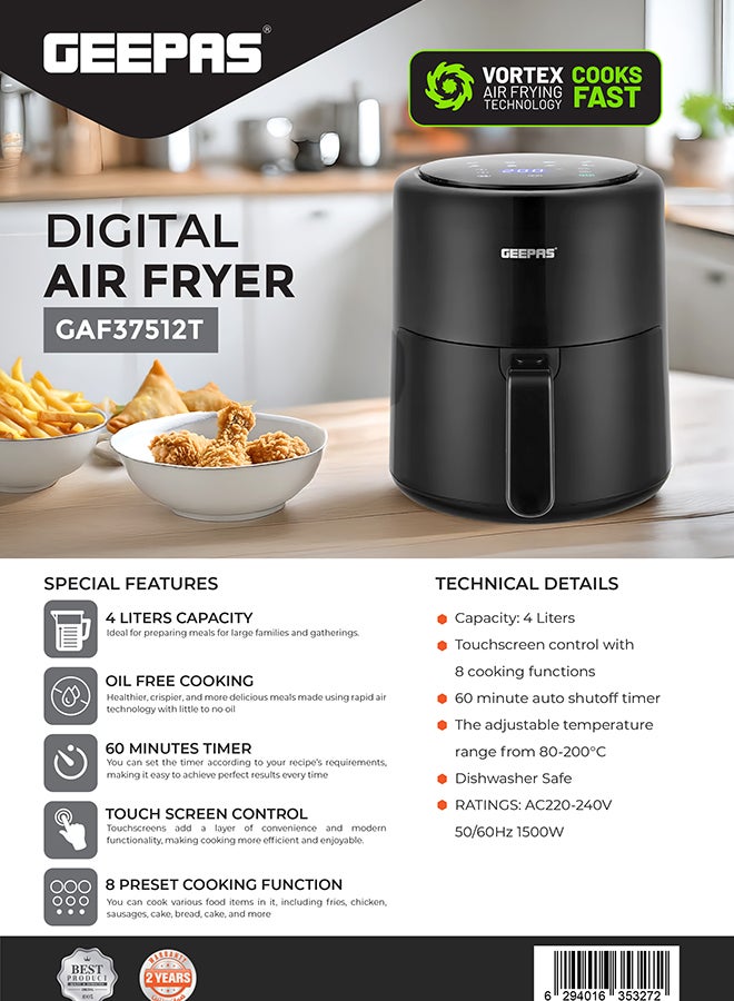 GEEPAS 4.0 L Digital Air Fryer with Vortex Air Frying Technology/ Multiple Function, 1-60 Min Timer, Temperature 80-200 Degree Celsius/ Touch Screen Control, 8 Preset Programs, Ideal for Fries, Steak, Chicken, Cake, Meat, Bread, etc. 4 L 1500 W GAF37512T black - Image 4