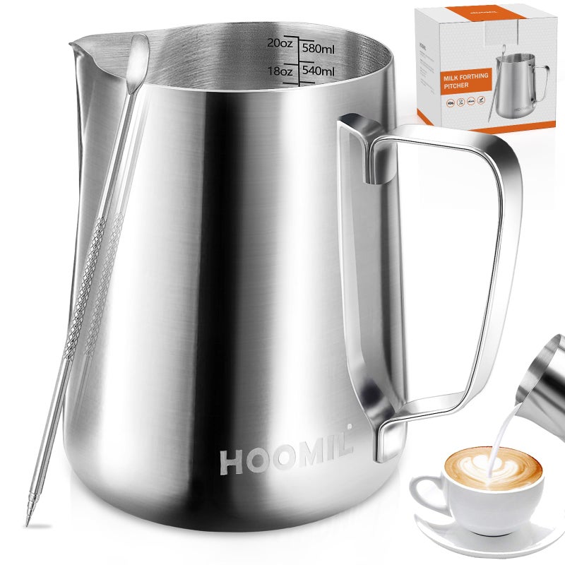HOOMIL Milk Frothing Pitcher 20oz600ml Stainless Steel Steaming Pitcher Barista Milk Frother Cup Jug for Espresso Machine Coffee Cappuccino Latte Art  Silver