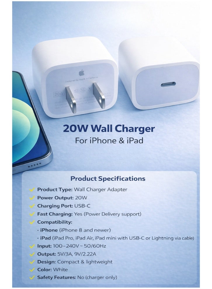 20W USB-C Wall Charger Power Adapter for iPhone and iPad, Fast Charging Power Delivery Plug, Compact Type-C Charging Adapter for Home, Office and Travel - Image 2