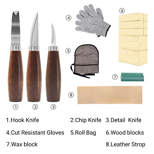 Cor cordium Wood Whittling Kit with Basswood Blocks Sets for Adults and Kids Beginners,Carving Set Includes 3pcs Widdling Knife & 8pcs Blocks & Gloves,Gifts for Christmas,Children's Day,Fathers Day,Mothers Day - Image 2