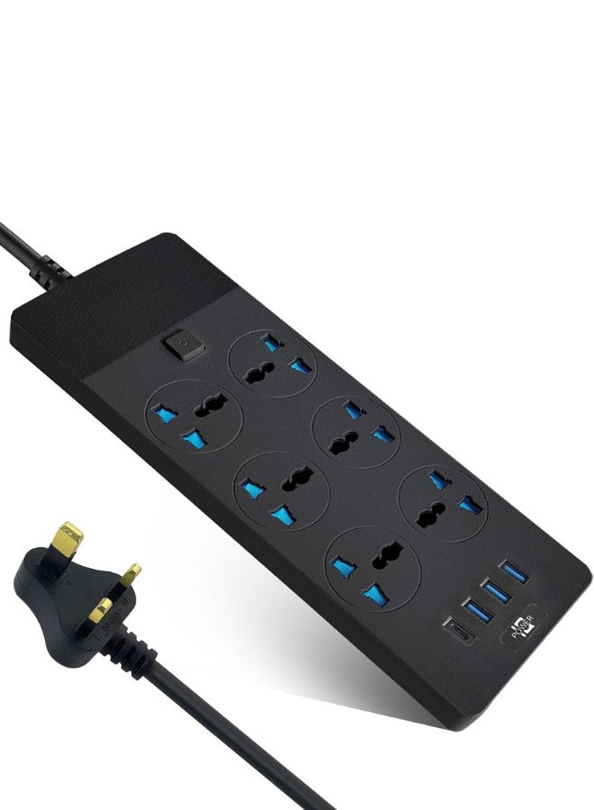 Power Strips Extension Cord 6 Outlets, UK Plug Universal Plug Adapter with 3 USB & 1 Type-C Ports Surge Protector, Charging Socket with 2M Bold Extension Cord - Image 1