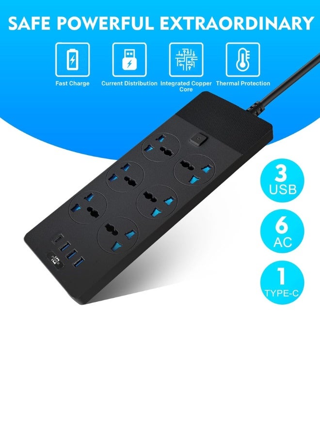 Power Strips Extension Cord 6 Outlets, UK Plug Universal Plug Adapter with 3 USB & 1 Type-C Ports Surge Protector, Charging Socket with 2M Bold Extension Cord - Image 2