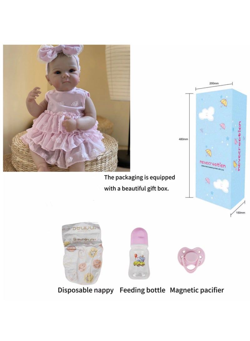 NPK 50cm Lifelike Reborn Dolls With Short Hair, Beautiful Realistic Newborn Baby Girl Doll With Feeding Toy For Kids Birthday.  - Image 4